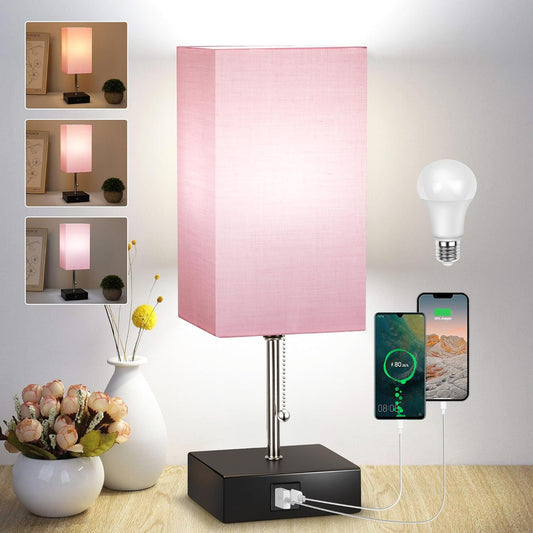 WIHTU 3-Color Pink Temperature Lamps for Bedroom Table Bedside Lamp with USB Port and AC Outlet Nightstand LampBed Small Desk Lamps for Office