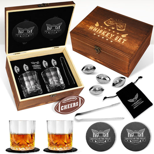 Football Whiskey Stones Gift Set, Whiskey Glasses Set of 2 Birthday and Retirement Gifts for Men Dad Boyfriend - 2 x Exquisite Bourbon Glasses, 4 x Stainless Steel Cooling Stones, Coasters and Tongs