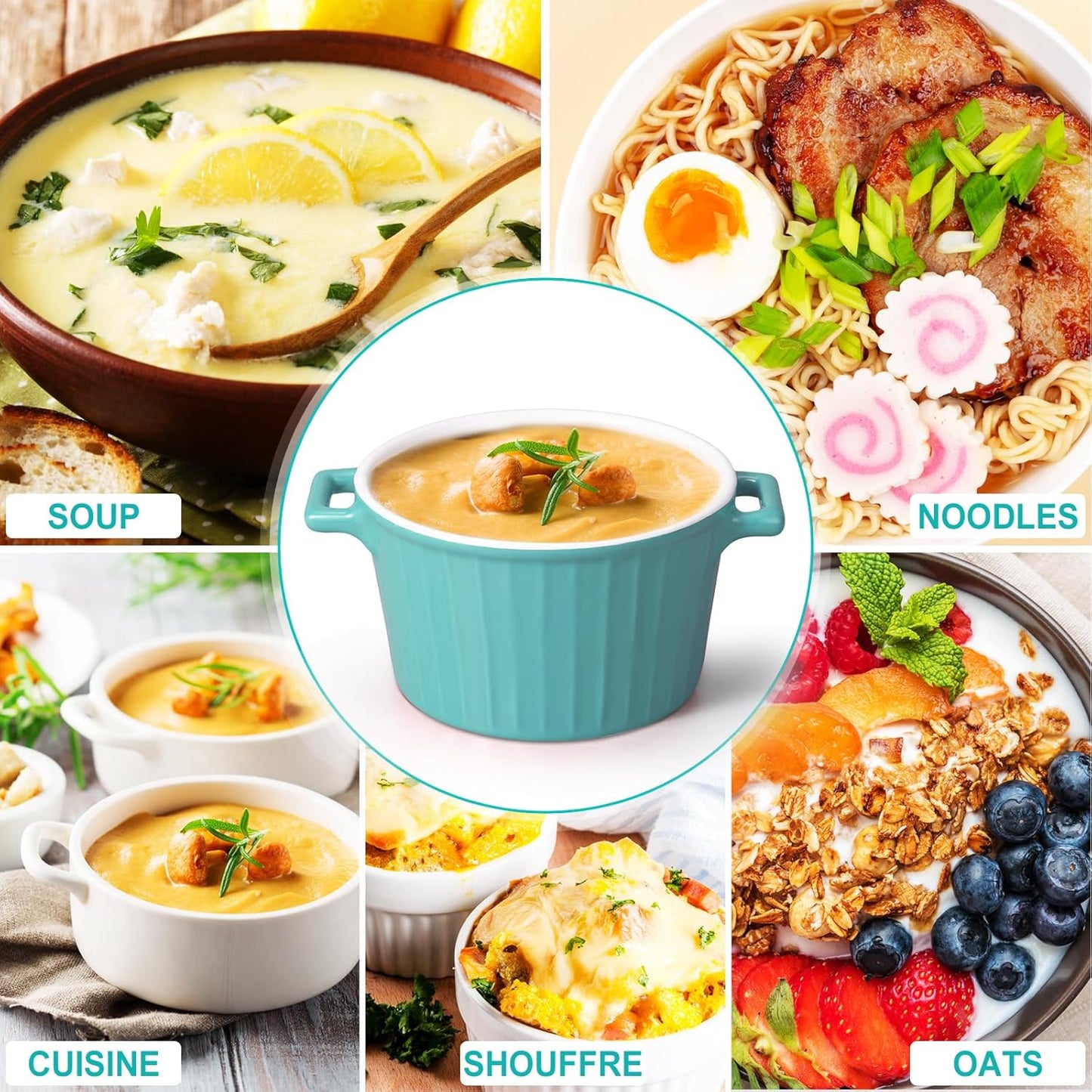 6 Pcs 10oz French Onion Soup Bowls with Lids, Double Ear Vertical Stripe Colored Soup Bowls, Suitable for Souffle French Onion Soup Cake Ice Cream, Refrigerated and Microwaveable (Steel Blue)