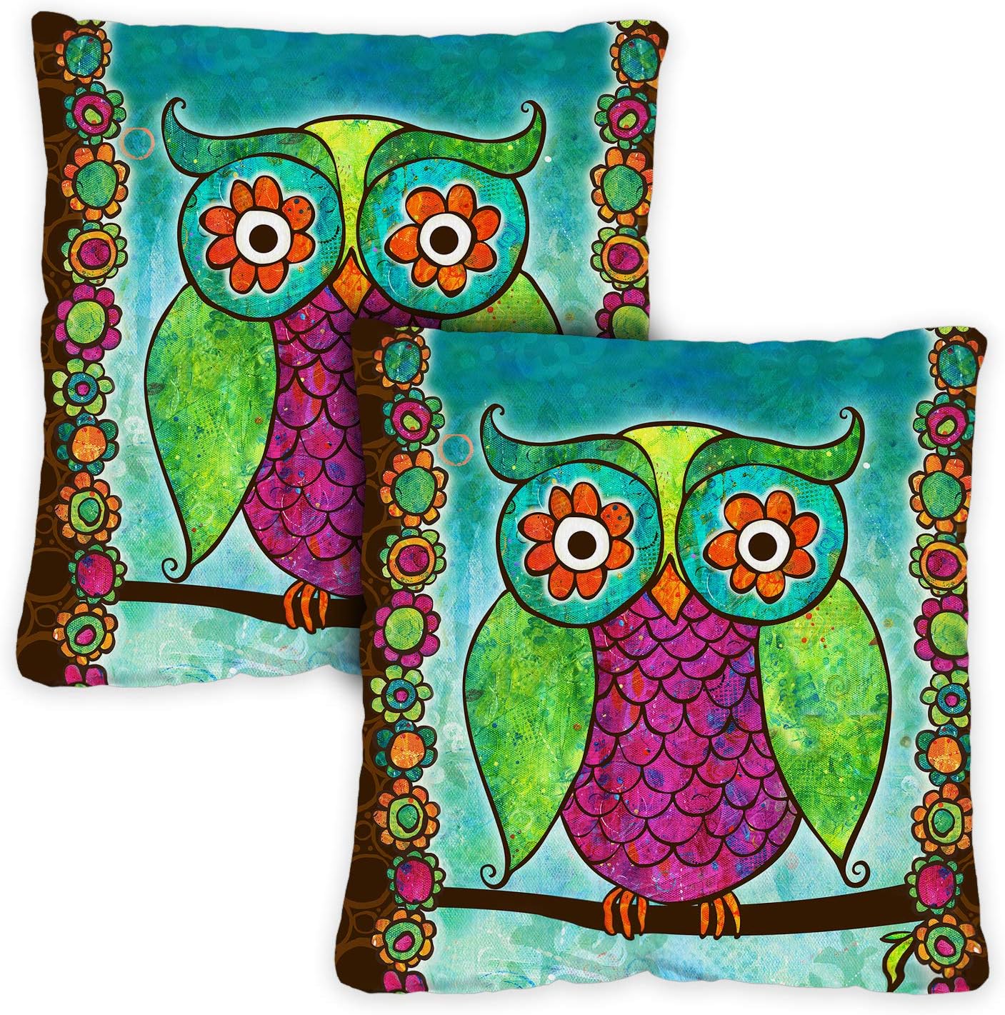 Toland Home Garden 721202 Rainbow Owl 18 x 18 Inch Indoor/Outdoor, Pillow with Insert (2-Pack)