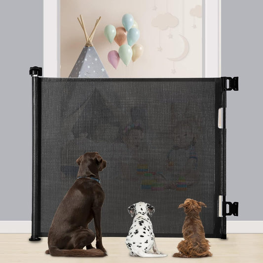 Retractable Baby Gate, Extra Wide Safety Kids or Pets Gate, 33” Tall, Extends to 55” Wide, Mesh Safety Dog Gate for Stairs, Indoor, Outdoor, Doorways, Hallways(33”x55”- Black)