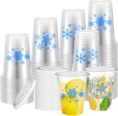 150 Sets Snowflake Plastic Cups with Lids Disposable Christmas Holiday Cup Clear Coffee Cocktail Drinking Cup for Winter Christmas Party Supplies