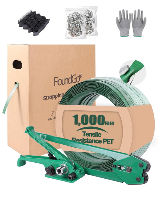 Play Video FoundGo PET Banding Strapping Kit for Heavy Duty Tough Pallet Packaging Strapping Tool with >1500lbs 5/8" x 1000' PET Strapping Roll & its own Pull-Out Box 100 Corner Protectors 300 Seals