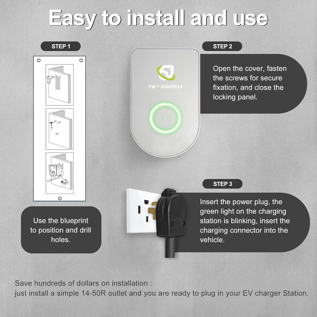 Two Barrels Home Flex Smart Electric Vehicle EV Charger Level 2 up to 40 Amp NEMA 14-50 Plug 26ft Extension Cord Cable