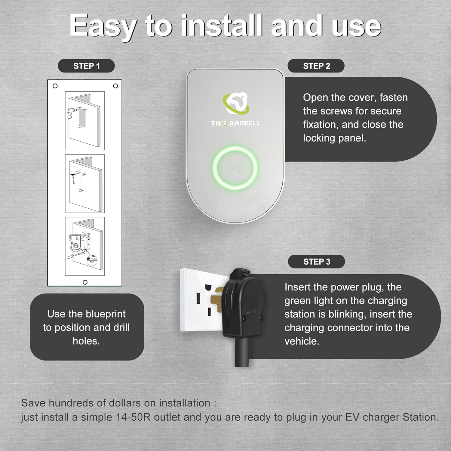 Two Barrels Home Flex Smart Electric Vehicle EV Charger Level 2 up to 40 Amp NEMA 14-50 Plug 26ft Extension Cord Cable