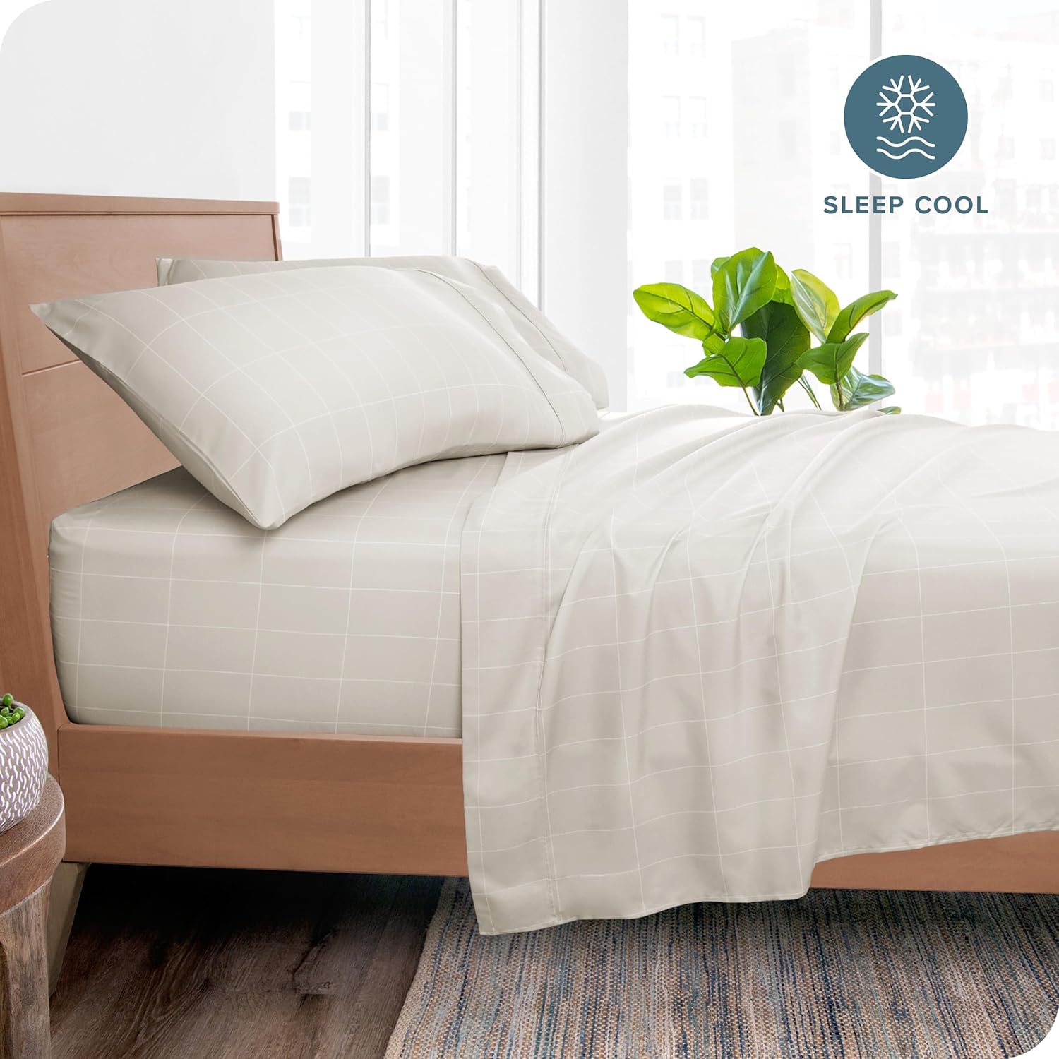 Bare Home Ultra-Soft Sheet Set - Premium 1800 Collection - Deep Pockets - 3-Pieces - Twin Grid - Stone/White