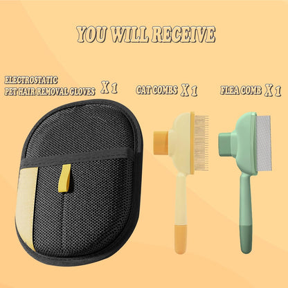 CEUIT Pet Hair Removal Glove, Self Cleaning Pet Flea Comb Grooming Brush & Cat Brush - 3-in-1 Electrostatic Gloves Pet Hair Remover for Furniture, Clothes, Bedding