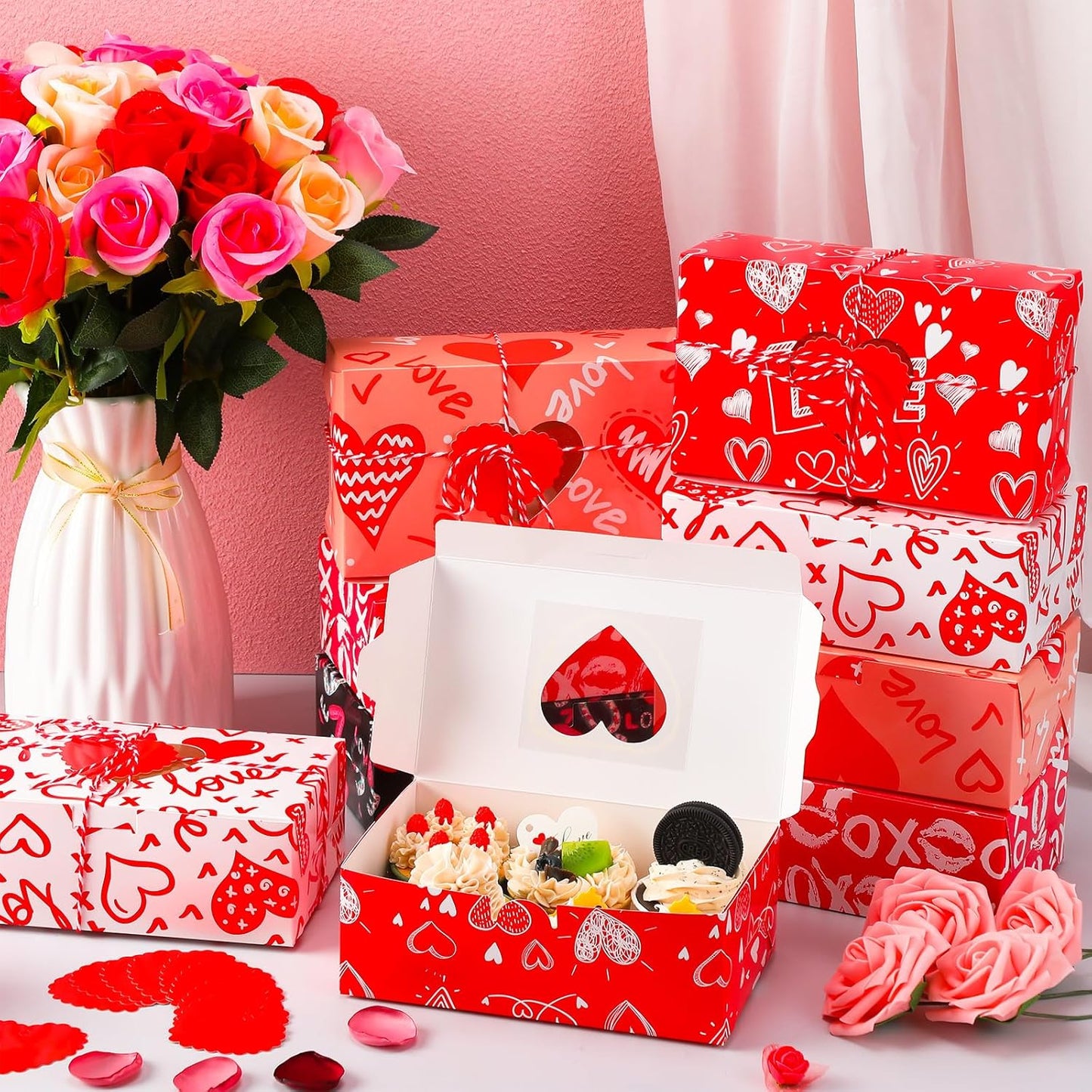 Glenmal 100 Pcs Mother's Day Bakery Treat Boxes Heart Cookie Boxes with Gift Cards and Rope 7.8x4.7x2.75'' Cupcake Containers with Window Dessert Gift Containers for Wedding Birthday Party