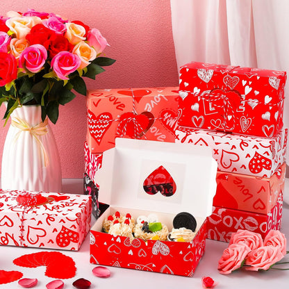Glenmal 100 Pcs Mother's Day Bakery Treat Boxes Heart Cookie Boxes with Gift Cards and Rope 7.8x4.7x2.75'' Cupcake Containers with Window Dessert Gift Containers for Wedding Birthday Party