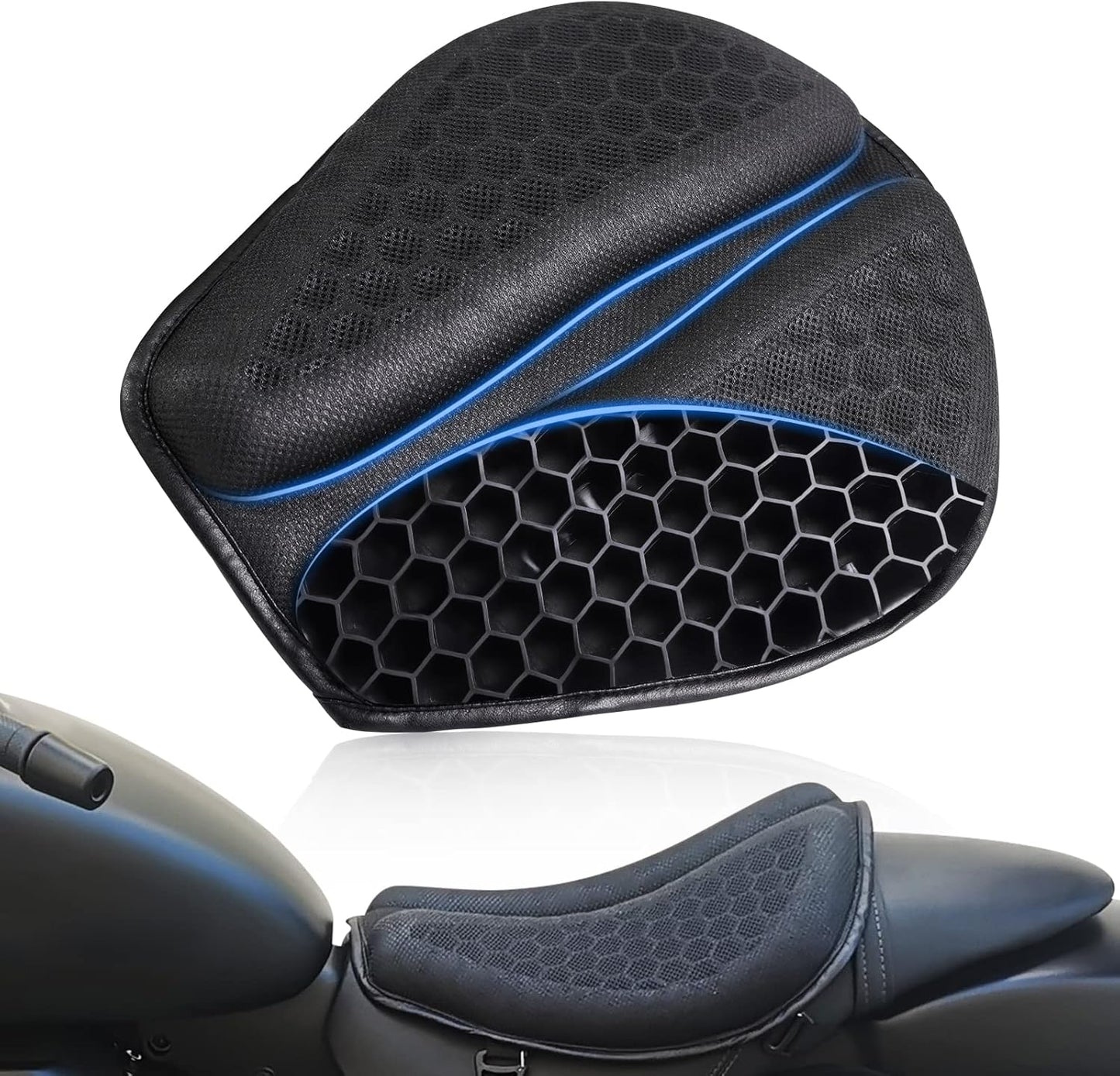 Foldable Motorcycle Gel Seat Cushion, Large 3D-Honeycomb Structure Shock Absorption & Breathable Motorcycle Gel Seat Pad for Long Rides (L)