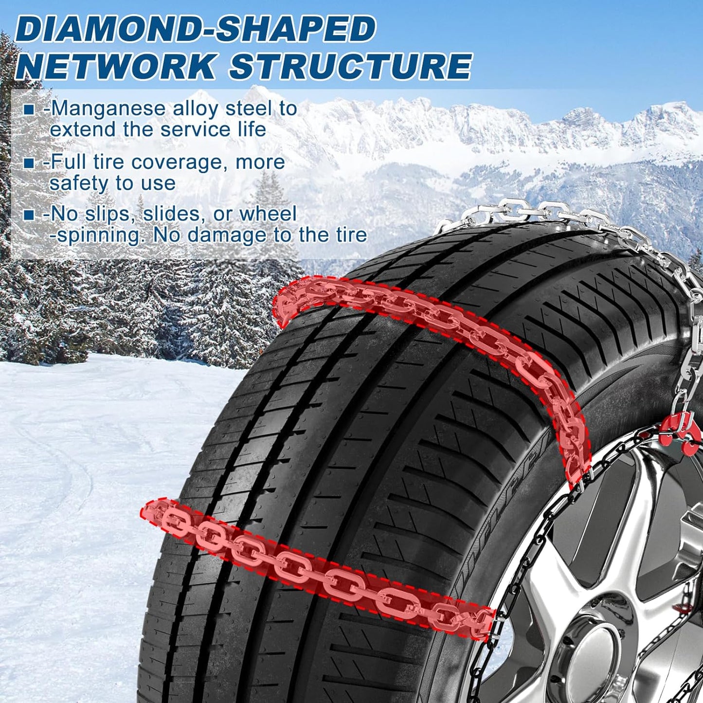 Tire Traction Chain Snow Chains for Car, Upgraded Tire Chains Anti Skid Chains, Cable Tire Chain for Passenger Cars, Pickups, Light Trucks and SUVs