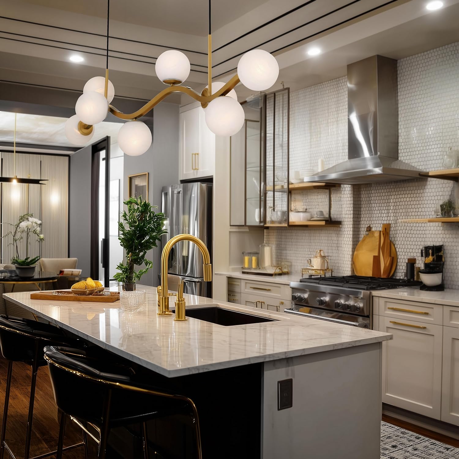 Minka Lavery 3747-732 Curven 8 Light 54’’ Long Abstract Linear Chandelier - Legacy Brass with Etched Alabaster Glass