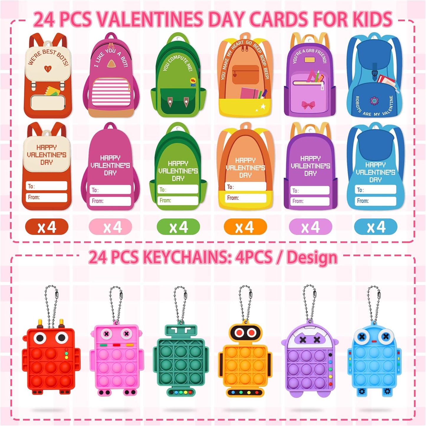 48 Pack Valentines Day Cards Gifts for Kids School Classroom, Pop Fidget Keychains Valentines for Kids Class Prizes Robot Valentines Boys Girls Valentines Day Party Favors Treats Goodie Bag Stuffers