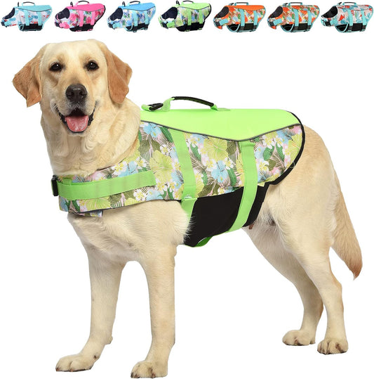 Hawaiian Sports Style Dog Life Jackets - Dog Lifesaver Vest with Rescue Handle for Swimming Boating and Adjustable Puppy Life Vests - Ripstop Life Jackets for Small Medium Large Dogs Flower