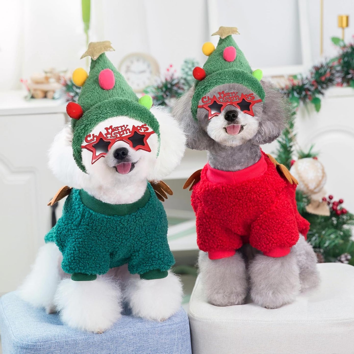 Small Dog Cat Sweater with Reindeer Antlers, Christmas Tree Hat, Sunglasses