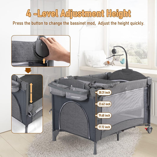 Jaoul Baby Bassinet Bedside Sleeper Baby Crib, Pack and Play with Bassinet and Changing Table, Portable Travel Baby Playpen with Bassinet Toys & Music Box, Mattress for Girl Boy Infant Newborn Gray