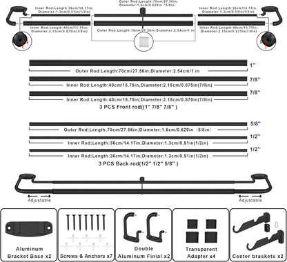Black Double Curtain Rods for Windows 28-48 Inches,1 Inch Adjustable Double Wrap Around Blackout Curtain Rod with Aluminum Finials and Brackets