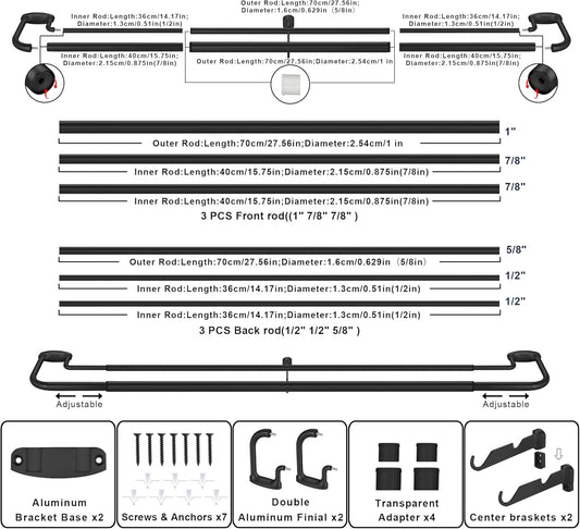 Black Double Curtain Rods for Windows 28-48 Inches,1 Inch Adjustable Double Wrap Around Blackout Curtain Rod with Aluminum Finials and Brackets