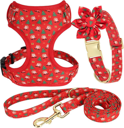 Beirui Christmas Dog Collars, Harnesses & Leashes Set - Cute Dog Collar and Leash Set with Flower - Soft Mesh Dog Vest Harness