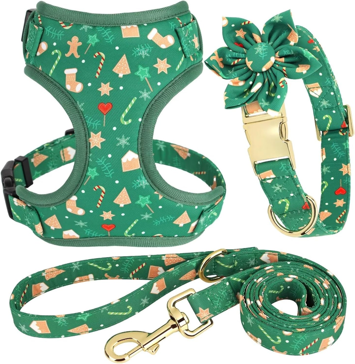 Beirui Christmas Dog Collars, Harnesses & Leashes Set - Cute Dog Collar and Leash Set with Flower - Soft Mesh Dog Vest Harness