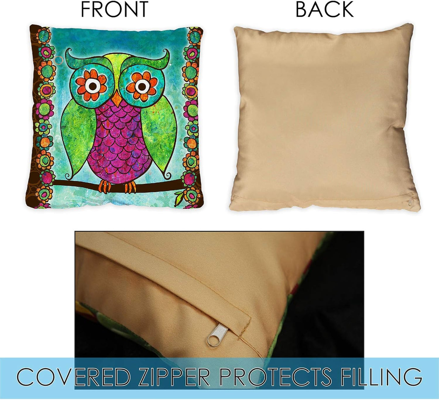 Toland Home Garden 721202 Rainbow Owl 18 x 18 Inch Indoor/Outdoor, Pillow with Insert (2-Pack)