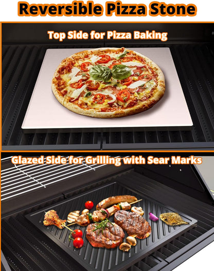 Cordierite Pizza Baking Stone ; 12“ Square Reversible Ceramic Pizza Board Grill Griddle; Backyard BBQ Accessory for Pizza Oven/Gas Charcoal Grills; Thermal Shock Resistant (Square, 12)