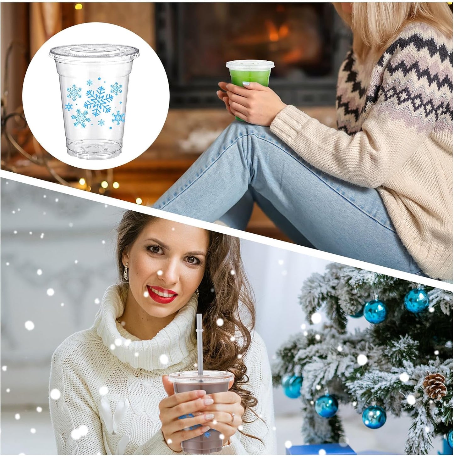 150 Sets Snowflake Plastic Cups with Lids Disposable Christmas Holiday Cup Clear Coffee Cocktail Drinking Cup for Winter Christmas Party Supplies