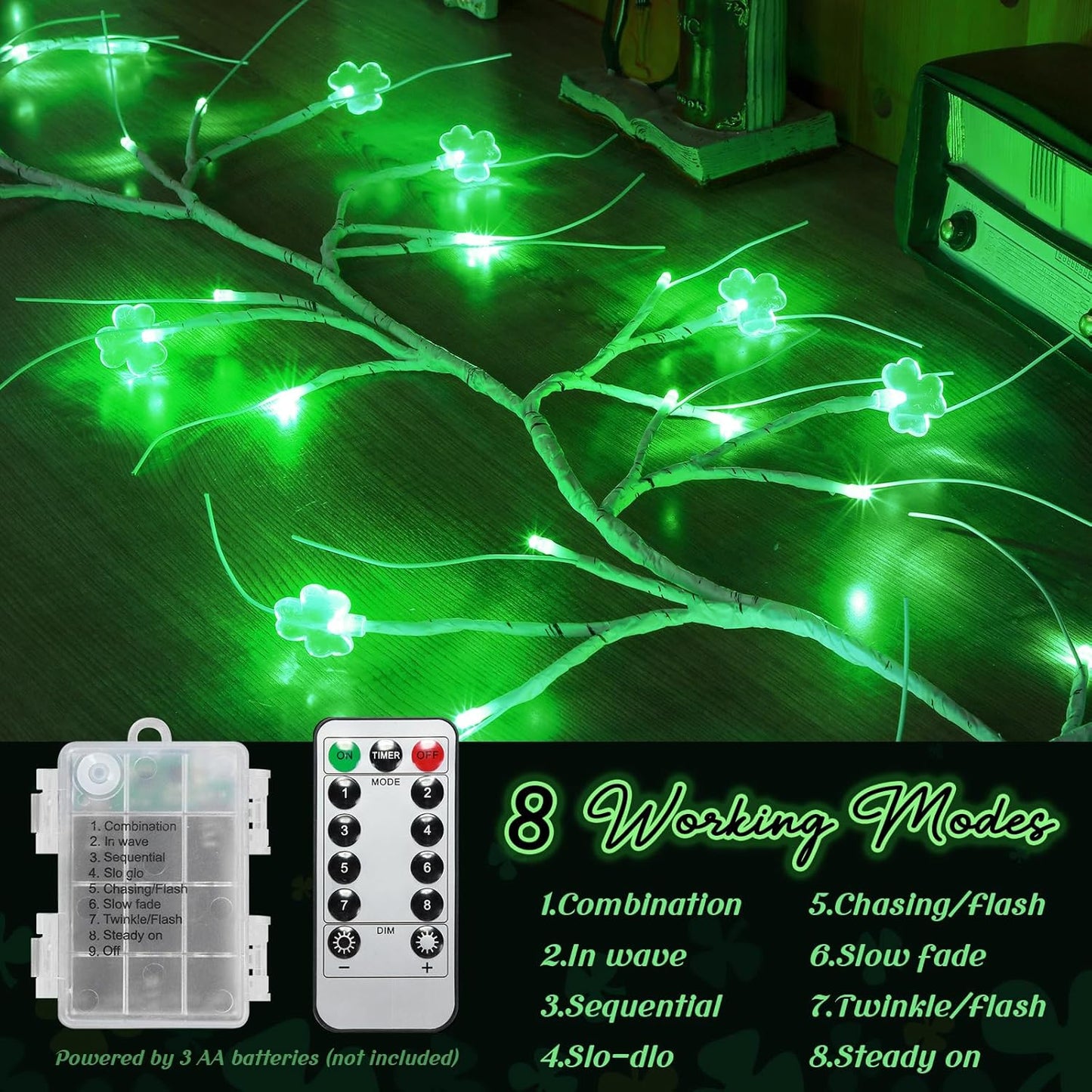 2 Set 4.9FT St Patricks Day Garland Lights Willow Vine Lights 45LED Shamrocks Wall Tree Light St Patricks Day Home Decor Battery Operated with Remote Control for Bedroom Party Mantel Decor