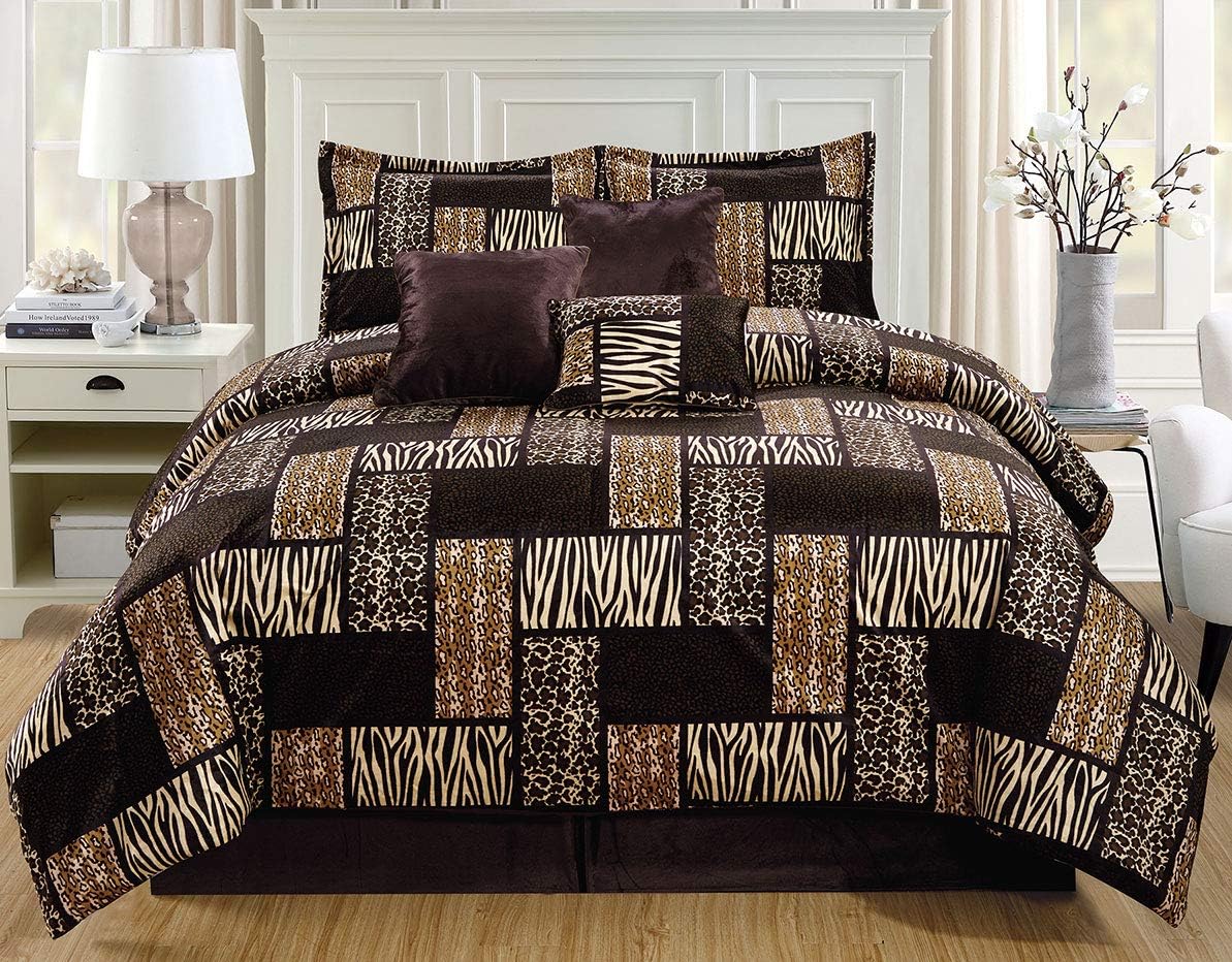 GrandLinen 7 Piece King Size Dark Brown Black Animal Print Safari Comforter Set. Leopard, Zebra, Cheetah Velvet Bedding with Accent Pillows and Bed Skirt