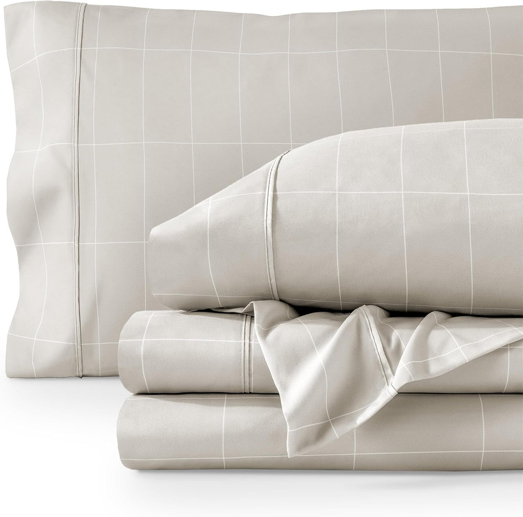 Bare Home Ultra-Soft Sheet Set - Premium 1800 Collection - Deep Pockets - 3-Pieces - Twin Grid - Stone/White