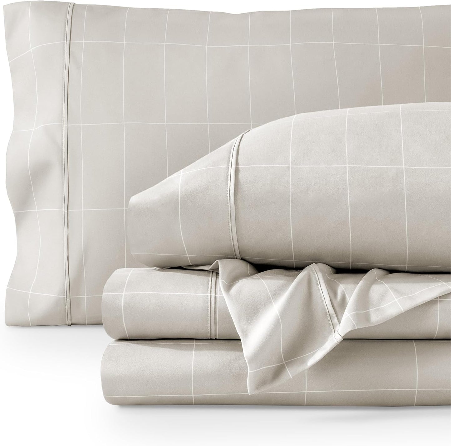 Bare Home Ultra-Soft Sheet Set - Premium 1800 Collection - Deep Pockets - 3-Pieces - Twin Grid - Stone/White