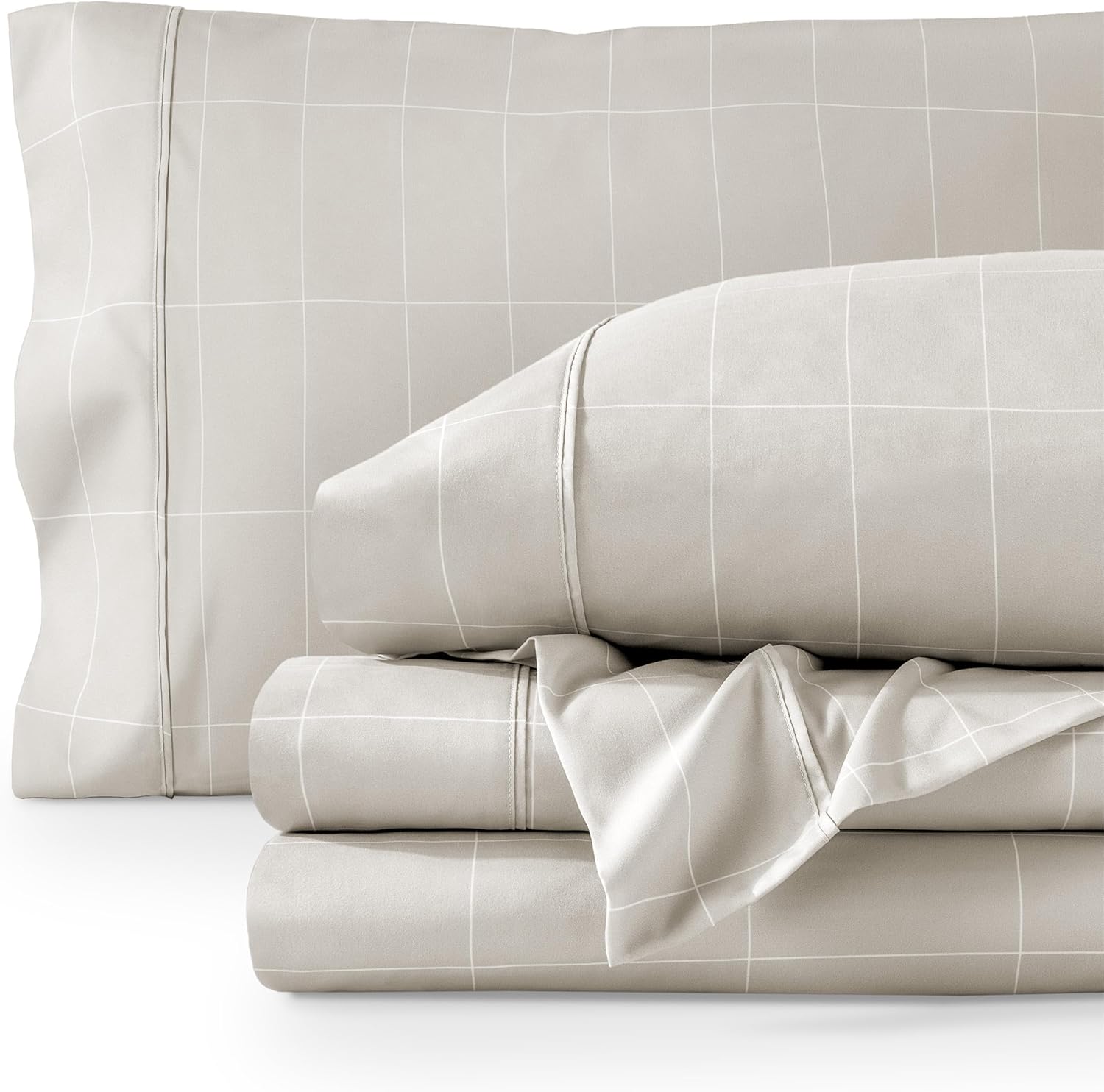 Bare Home Ultra-Soft Sheet Set - Premium 1800 Collection - Deep Pockets - 3-Pieces - Twin Grid - Stone/White