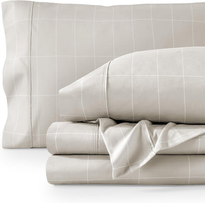 Bare Home Ultra-Soft Sheet Set - Premium 1800 Collection - Deep Pockets - 3-Pieces - Twin Grid - Stone/White