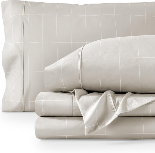Bare Home Ultra-Soft Sheet Set - Premium 1800 Collection - Deep Pockets - 3-Pieces - Twin Grid - Stone/White