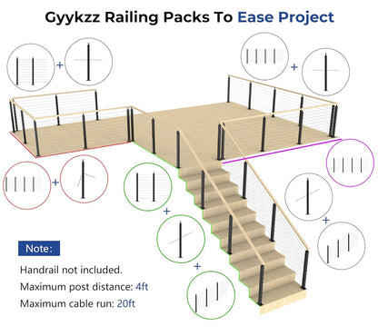 One-Stop Stair Cable Railing Post Kit, 33° Drilled 2Pack Stair Post, Adjustable Top Angle Railing System Including 2 Railing Post, 82ft Cable, 10 Sets Terminal, 40 Cable Grommets (No Handrail)