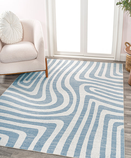 JONATHAN Y WASHABLE 5 X 8 Area Rug Maze Abstract Two-Tone - Blue/Cream WSH309A-5