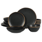 Gibson Elite Kings Road Double Plates and Bowl Organic Round Porcelain Dinnerware Set - Matte Black W/ Gold Rim