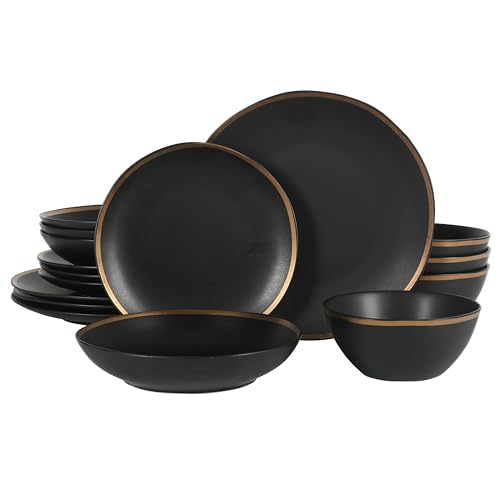 Gibson Elite Kings Road Double Plates and Bowl Organic Round Porcelain Dinnerware Set - Matte Black W/ Gold Rim