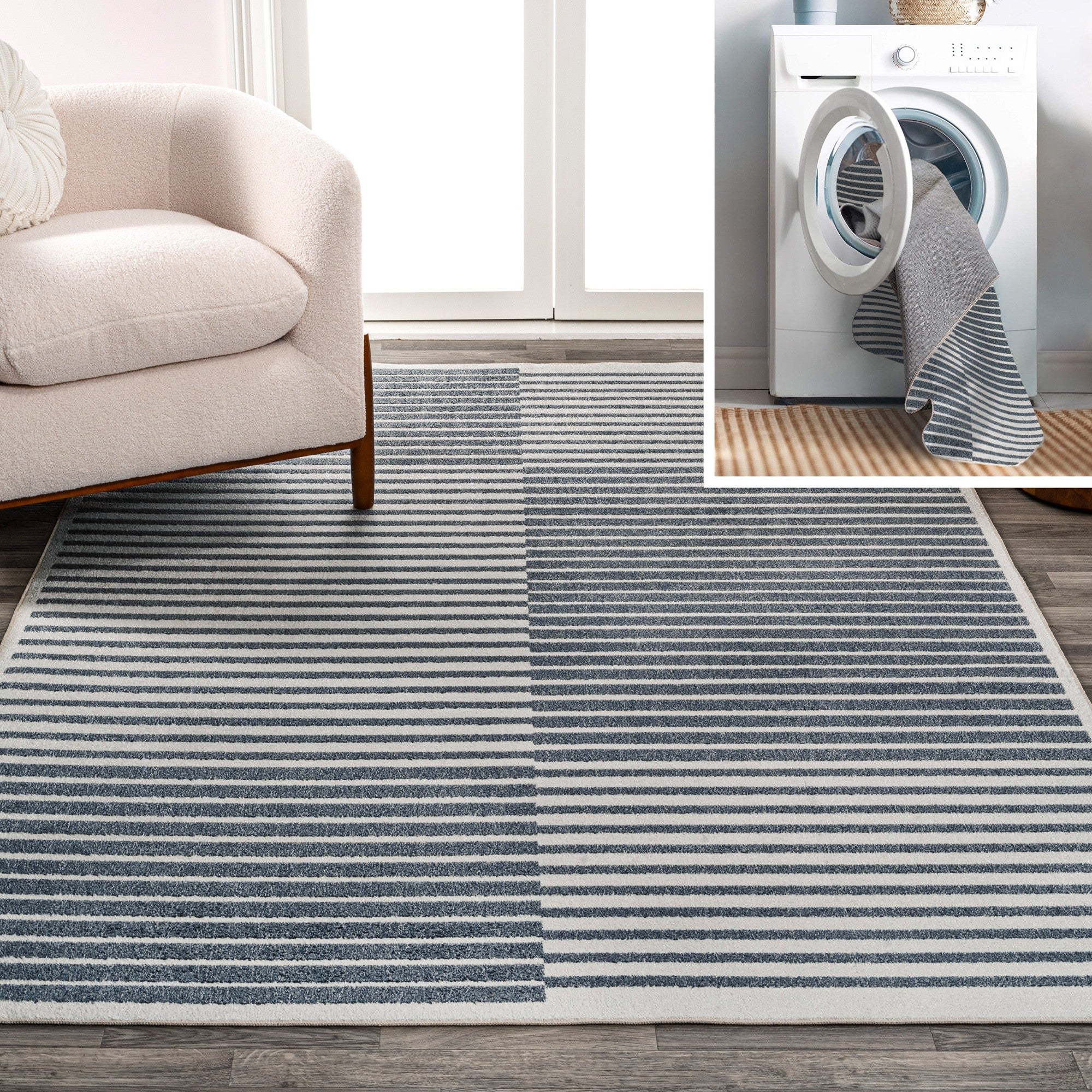 JONATHAN Y WASHABLE 2 X 8 Runner Rug Shutter Minimalist Striped Plaid - Dark Gray/Cream WSH305A-28