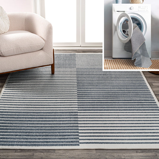 JONATHAN Y WASHABLE 2 X 8 Runner Rug Shutter Minimalist Striped Plaid - Dark Gray/Cream WSH305A-28