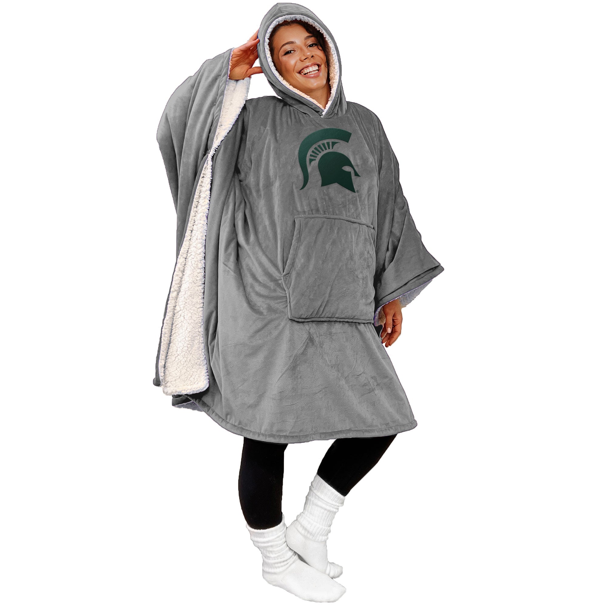 Pegasus - Michigan State Spartans 60" X 80" Logo Patch Team Color Bloncho with Sherpa - Multicolor