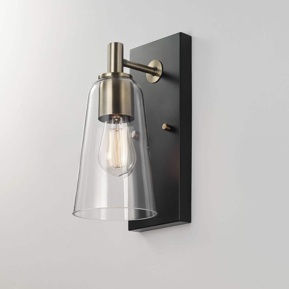 Brockton 5 in. 1-Light Matte Black Wall Sconce with Matte Brass Accent and Clear Glass Shade for Bedroom,Dining Room