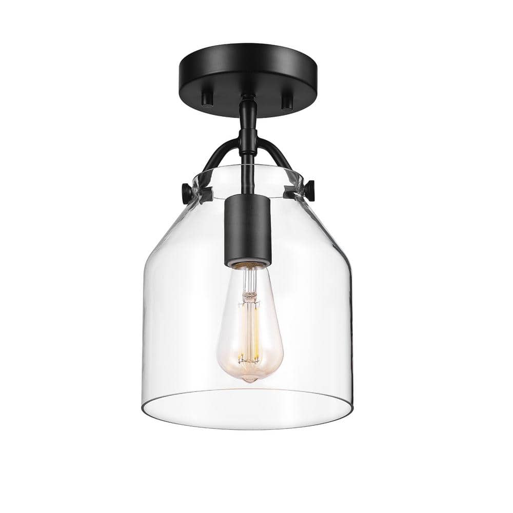 7 in. 1-Light Matte Black Flush Mount with Clear Glass Shade and No Bulbs Included
