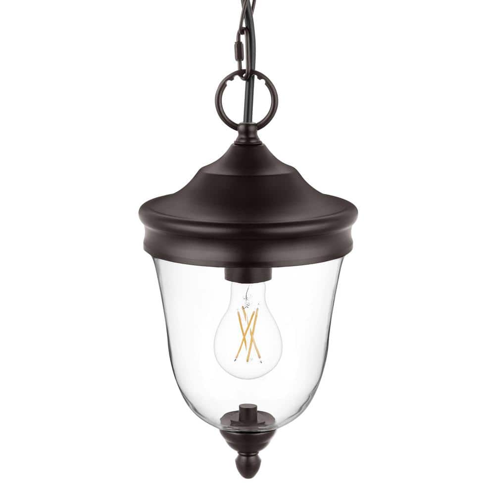Russo 13.75 in. 1-Light Matte Bronze Dimmable Outdoor Hanging Light Pendant Light with Clear Glass and No Bulb Included