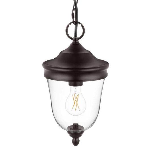 Russo 13.75 in. 1-Light Matte Bronze Dimmable Outdoor Hanging Light Pendant Light with Clear Glass and No Bulb Included