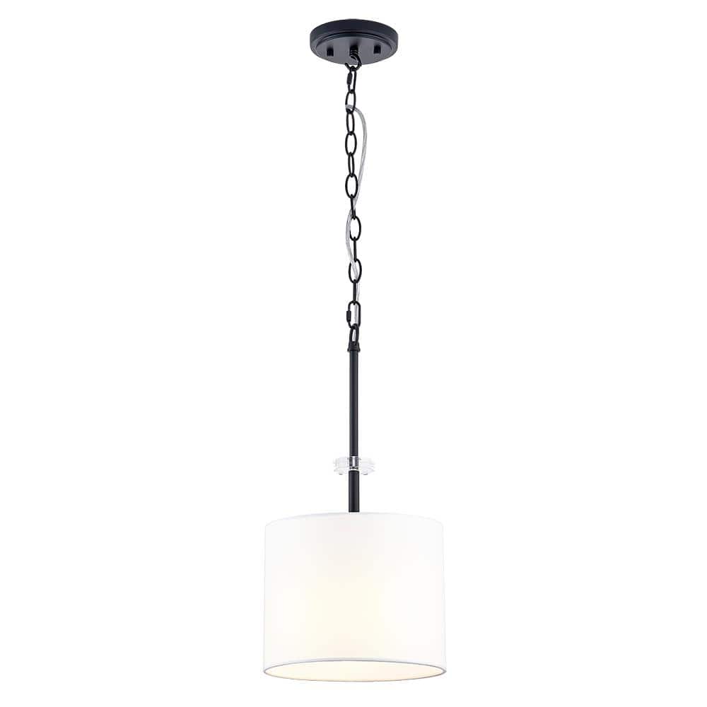 Dawson 1-Light Matte Black Finish Shaded Pendant Light with White Drum Fabric Shade