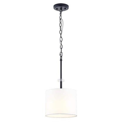 Dawson 1-Light Matte Black Finish Shaded Pendant Light with White Drum Fabric Shade