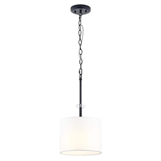 Dawson 1-Light Matte Black Finish Shaded Pendant Light with White Drum Fabric Shade