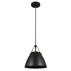1-Light Pendant Light Matte Black Faux Leather Strap Black Braided Fabric Designer Cord Black Canopy Pendant Light