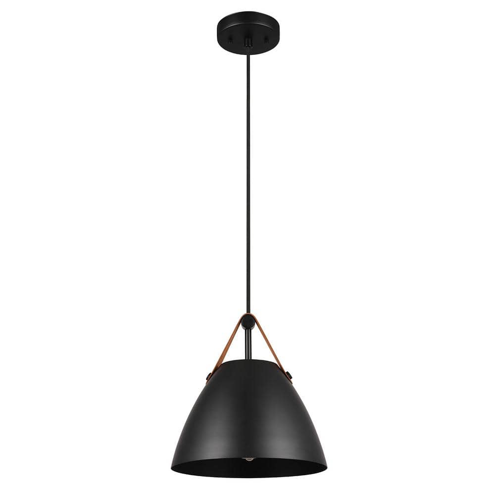 1-Light Pendant Light Matte Black Faux Leather Strap Black Braided Fabric Designer Cord Black Canopy Pendant Light